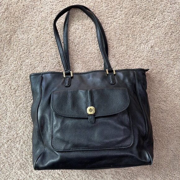 Tory Burch Tote Bag Black Pebbled Leather Pockets Work Business Classic Minimal - Picture 1 of 16